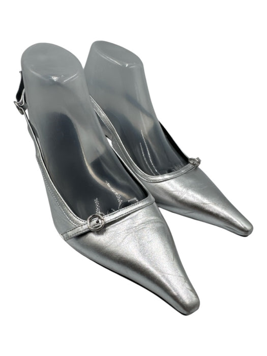 aeyde Shoe Size 40 Silver Leather Pointed Toe Buckle Kitten Heel Pumps Silver / 40