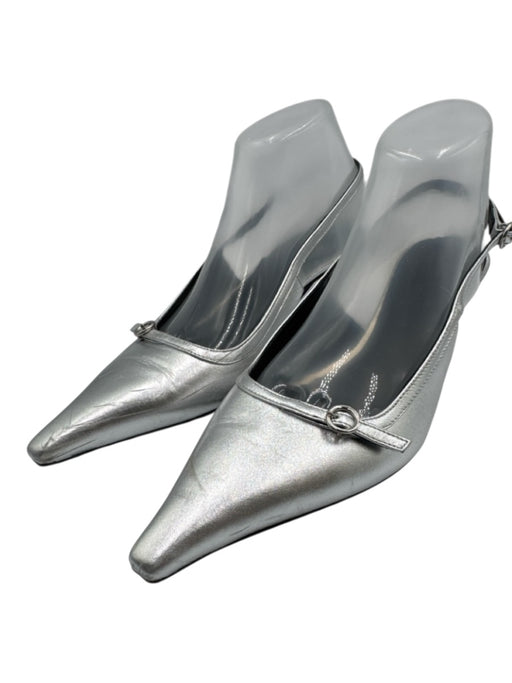 aeyde Shoe Size 40 Silver Leather Pointed Toe Buckle Kitten Heel Pumps Silver / 40