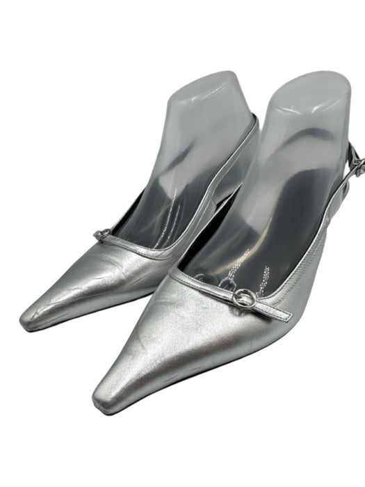 aeyde Shoe Size 40 Silver Leather Pointed Toe Buckle Kitten Heel Pumps Silver / 40