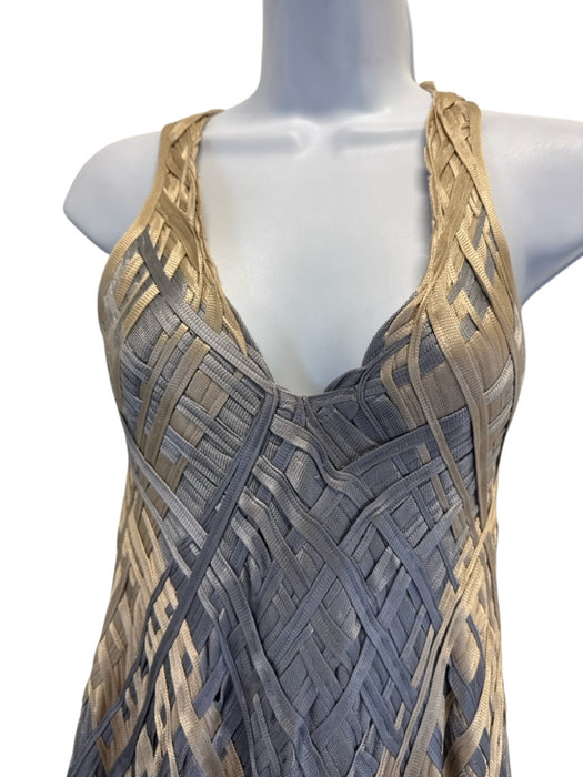 Pe De Chumbo Size Est S Beige & Slate BLue Viscose Woven Sleeveless V Neck Dress Beige & Slate BLue / Est S