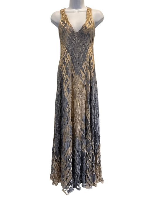 Pe De Chumbo Size Est S Beige & Slate BLue Viscose Woven Sleeveless V Neck Dress Beige & Slate BLue / Est S