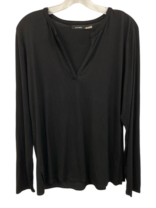 Natori Size L Black Viscose Long Sleeve Split Neck Top Black / L