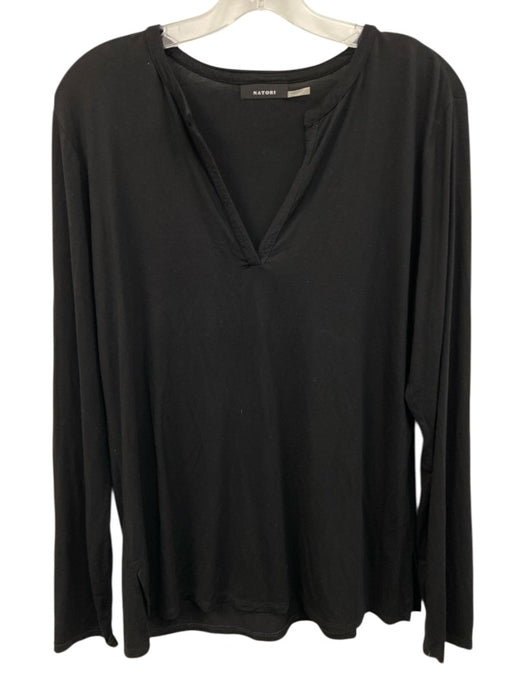 Natori Size L Black Viscose Long Sleeve Split Neck Top Black / L