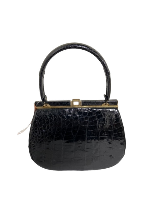 Bellestone Black & Gold Leather Crocodile Top Handle Structured Bag Black & Gold / Small