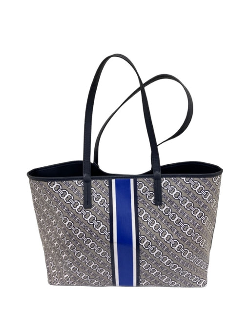 Tory Burch Gray, Blue, Black Coated Canvas & Leather Chain Link Print Tote Bag Gray, Blue, Black / L
