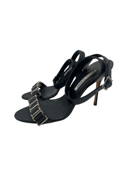 Manolo Blahnik Shoe Size 38.5 Black Leather Silver Accents Open Toe Pumps Black / 38.5