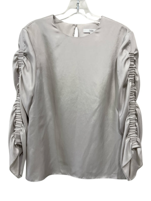 Tibi Size 4 Silver Polyester Keyhole Back Gathered Sleeve Satin Top Silver / 4