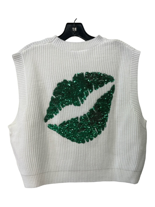 Queen of Sparkles Size XS White, Green, Gold Acrylic Ribbed Knit Sleeveless Top White, Green, Gold / XS