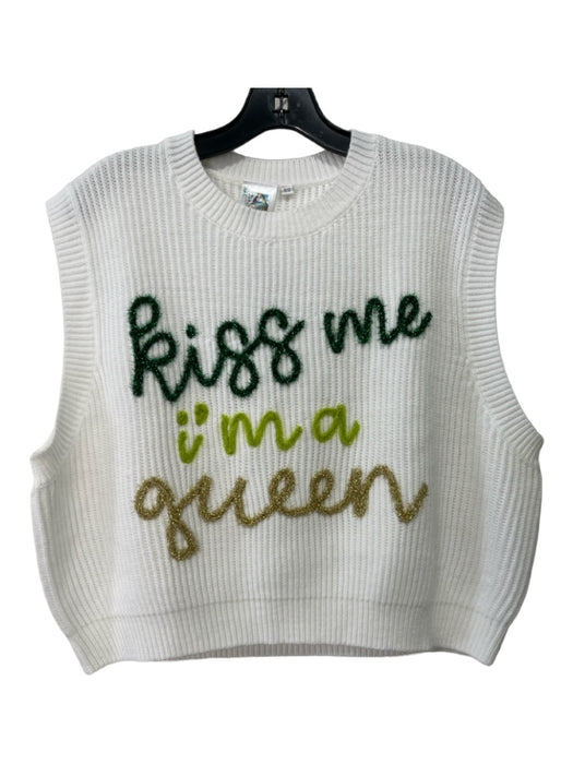 Queen of Sparkles Size XS White, Green, Gold Acrylic Ribbed Knit Sleeveless Top White, Green, Gold / XS