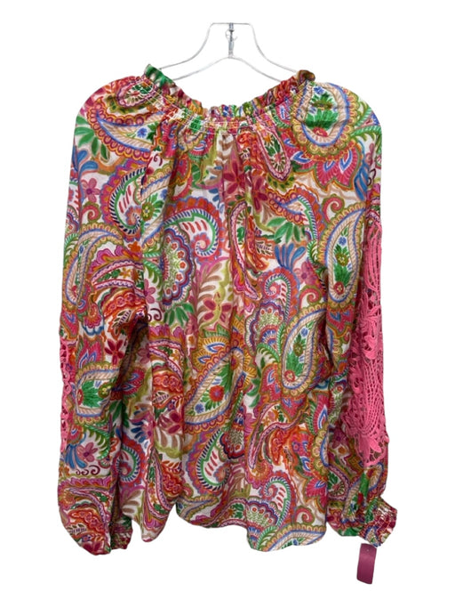 Hale Bob Size L Pink, Green, Multi Silk & Cotton Half Button Long Sleeve Top Pink, Green, Multi / L