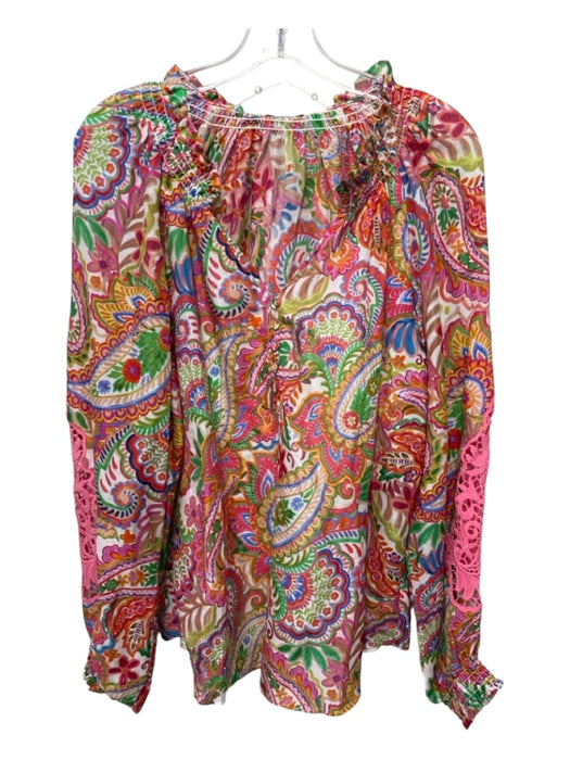 Hale Bob Size L Pink, Green, Multi Silk & Cotton Half Button Long Sleeve Top Pink, Green, Multi / L