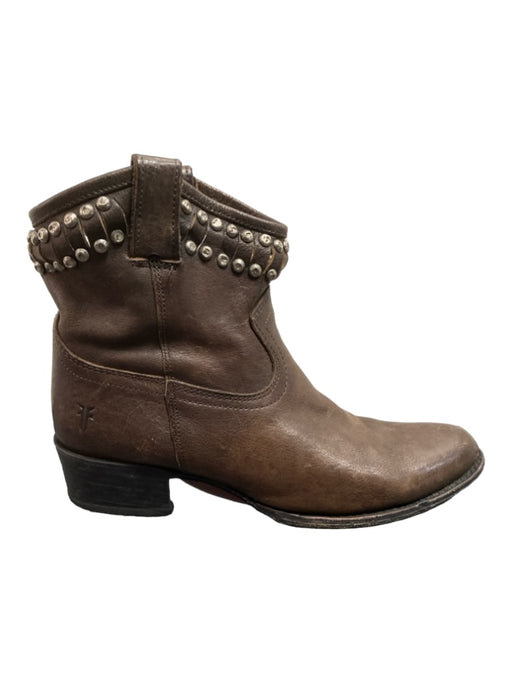 Frye Shoe Size 7.5 Brown & Silver Leather Block Heel Grommet Almond Toe Booties Brown & Silver / 7.5