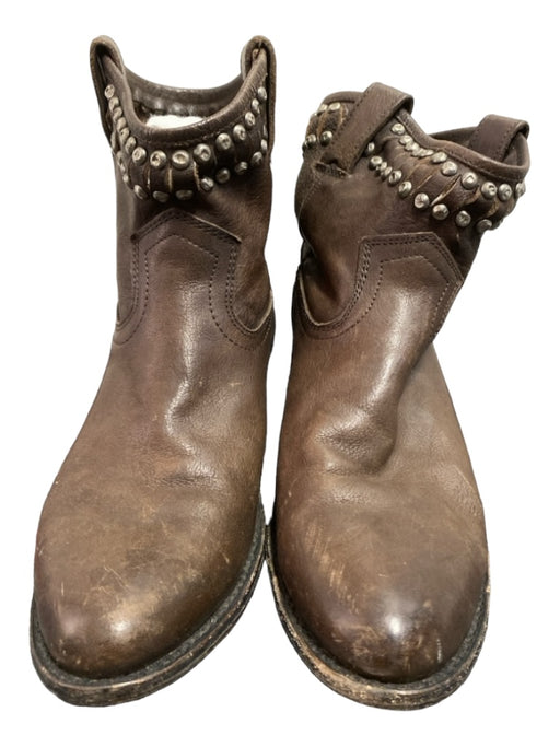 Frye Shoe Size 7.5 Brown & Silver Leather Block Heel Grommet Almond Toe Booties Brown & Silver / 7.5