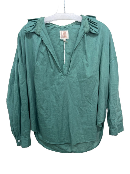 A Shirt Thing Size P/S Green Cotton Ruffle Collar V Neck Long Sleeve Top Green / P/S