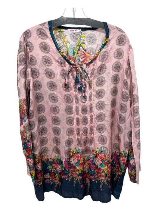 Johnny Was Size S Pink & Multi Silk Pintuck Floral Tassels Long Sleeve Top Pink & Multi / S