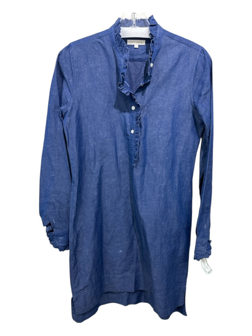 Ann Mashburn Size XS Blue Cotton Blend Chambray Quarter Button Ruffle Trim Dress Blue / XS