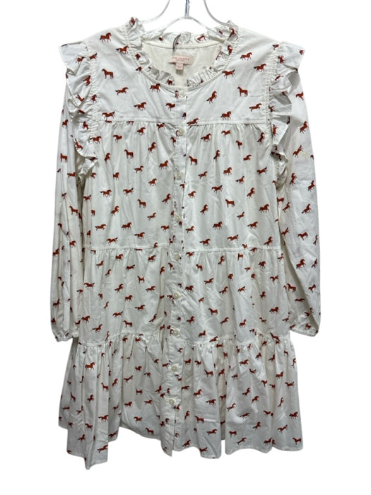 Pink Chicken Size S White & Brown Cotton Long Sleeve Horse Print Buttons Dress White & Brown / S