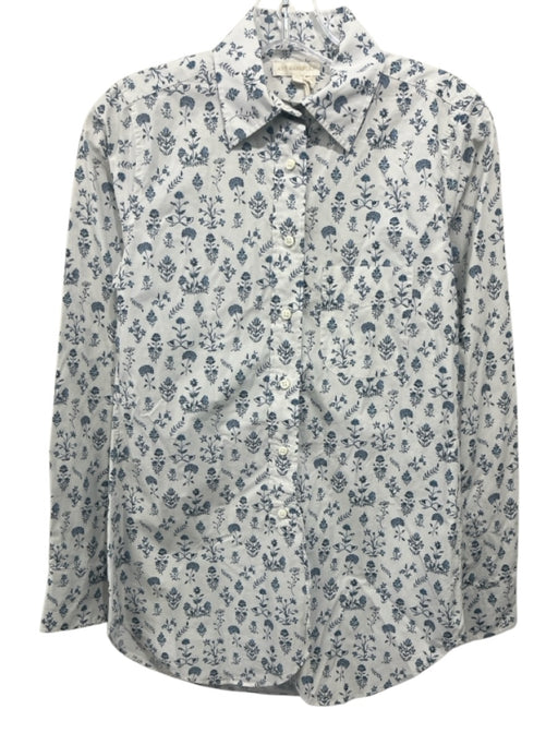 Ann Mashburn Size XS White & Blue Cotton Long Sleeve Floral Print Blouse Top White & Blue / XS