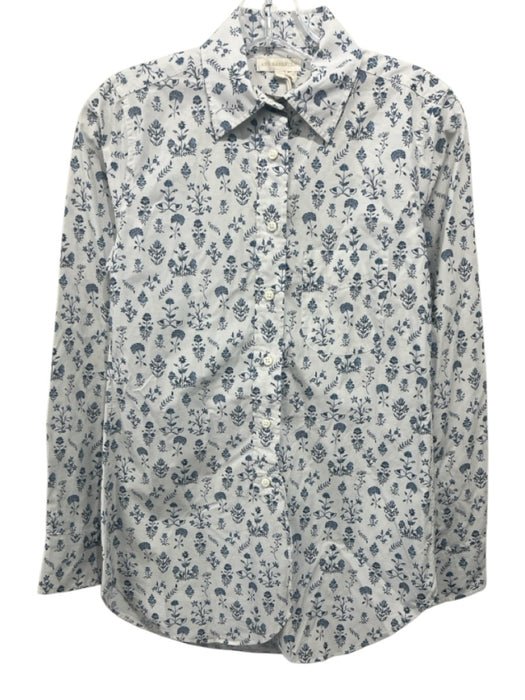 Ann Mashburn Size XS White & Blue Cotton Long Sleeve Floral Print Blouse Top White & Blue / XS