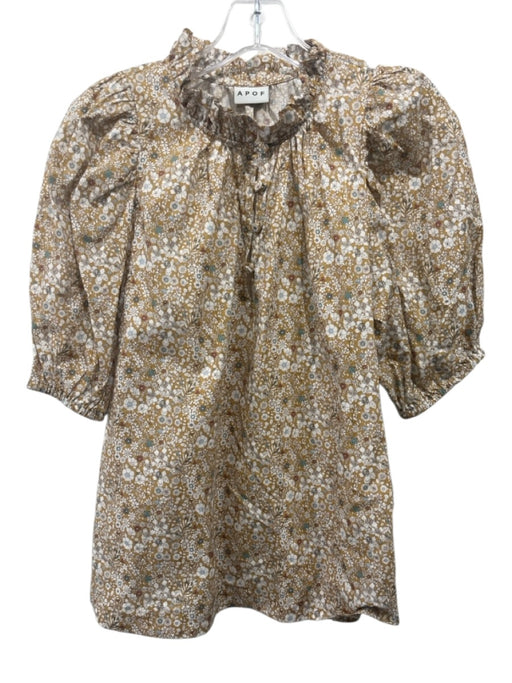 APOF Size S Mustard Yellow & Multi Cotton Short Puff Sleeve Floral Print Top Mustard Yellow & Multi / S