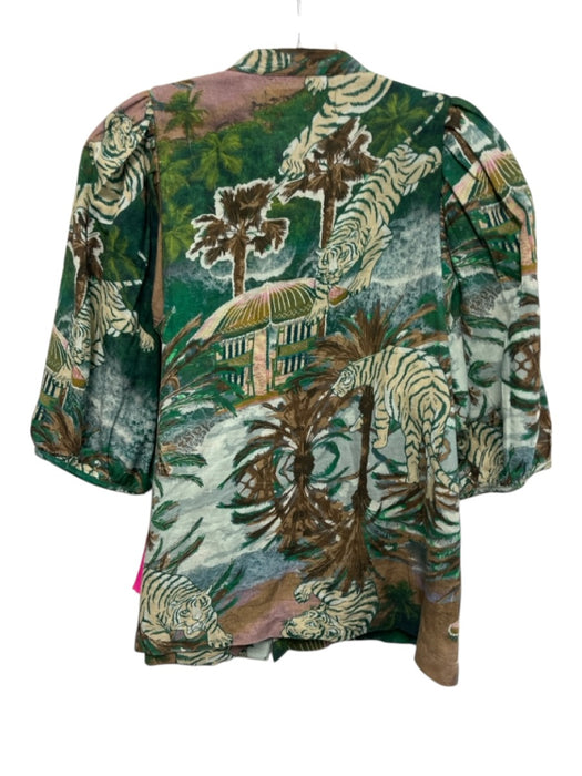 Las Surenas Size XS Green, Blue, Brown Cotton & Linen Short Puff Sleeve Top Green, Blue, Brown / XS