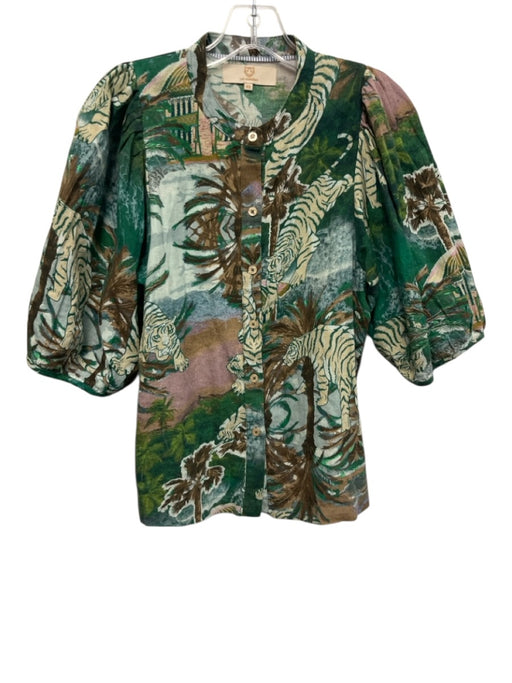 Las Surenas Size XS Green, Blue, Brown Cotton & Linen Short Puff Sleeve Top Green, Blue, Brown / XS