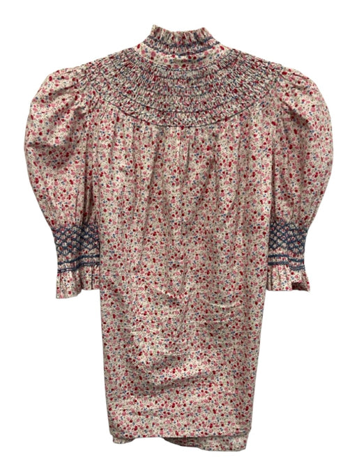 Andion Size S Pink, Red, Blue Cotton Short Puff Sleeve Floral Print Buttons Top Pink, Red, Blue / S