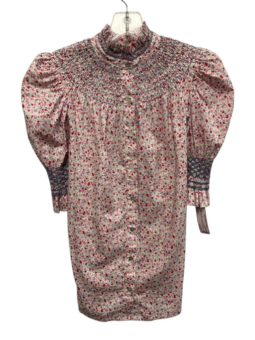 Andion Size S Pink, Red, Blue Cotton Short Puff Sleeve Floral Print Buttons Top Pink, Red, Blue / S