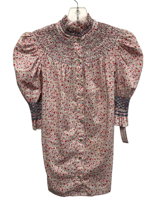 Andion Size S Pink, Red, Blue Cotton Short Puff Sleeve Floral Print Buttons Top Pink, Red, Blue / S