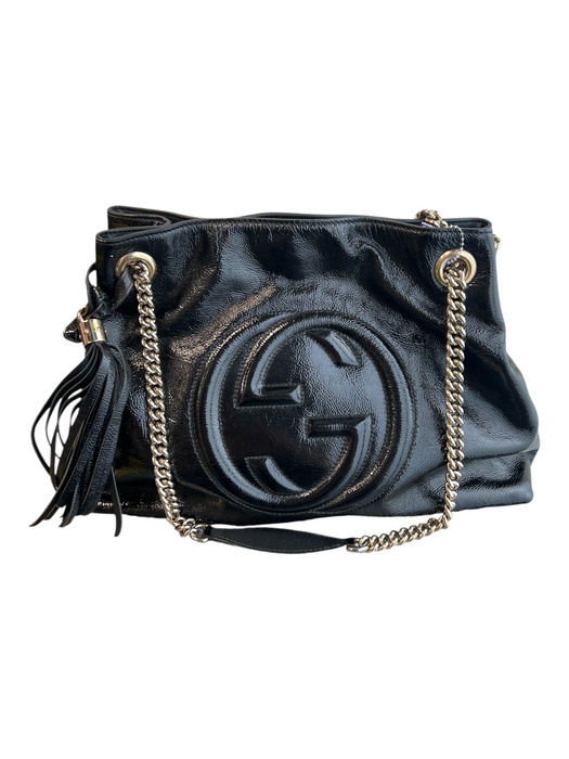 Gucci Black Patent Leather Gold Chain Detail Interlocking GG Tassel Bag Black / Medium