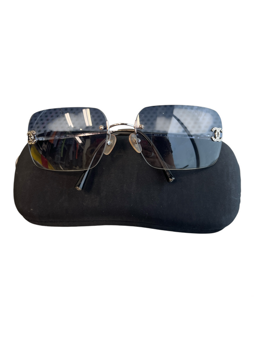 Chanel Blue & Silver Metal Rimless Gradient Rhinestone Logo Vintage Sunglasses Blue & Silver