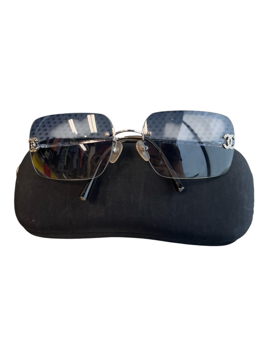 Chanel Blue & Silver Metal Rimless Gradient Rhinestone Logo Vintage Sunglasses Blue & Silver