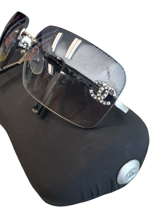 Chanel Blue & Silver Metal Rimless Gradient Rhinestone Logo Vintage Sunglasses Blue & Silver