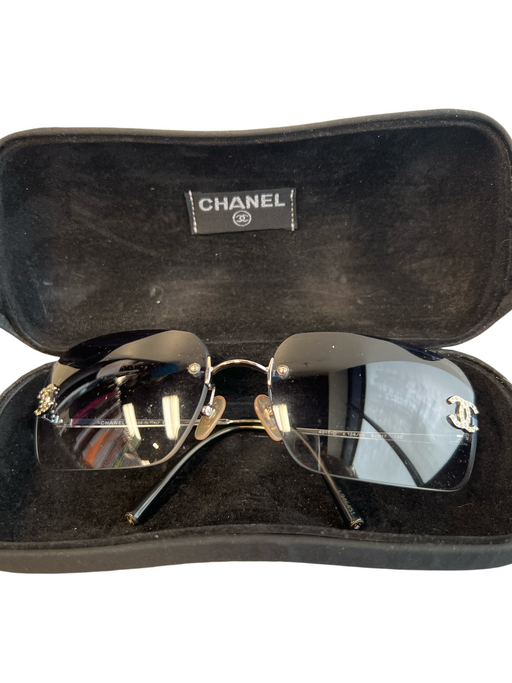 Chanel Blue & Silver Metal Rimless Gradient Rhinestone Logo Vintage Sunglasses Blue & Silver