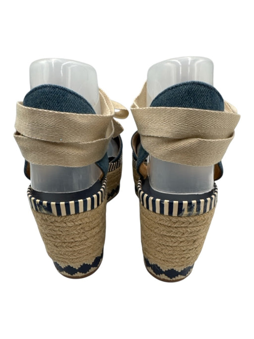 Tory Burch Shoe Size 9 Blue & Beige Canvas Espadrille Ankle Tie Stripe Wedges Blue & Beige / 9