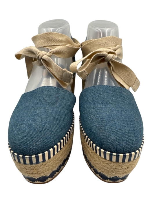 Tory Burch Shoe Size 9 Blue & Beige Canvas Espadrille Ankle Tie Stripe Wedges Blue & Beige / 9