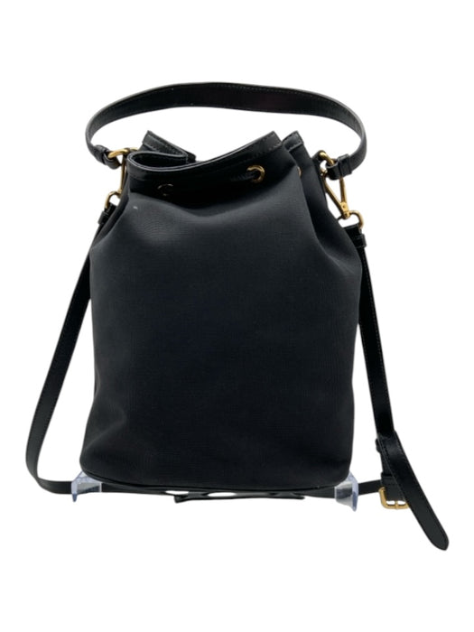 Prada Black & Gold Canvas Leather trim bucket Drawstring Zip Pocket Bag Black & Gold / Small