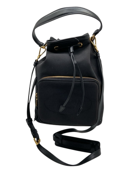 Prada Black & Gold Canvas Leather trim bucket Drawstring Zip Pocket Bag Black & Gold / Small