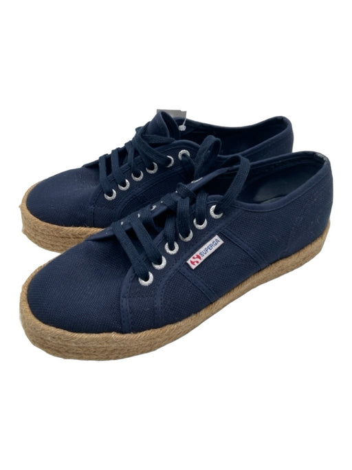Superga Shoe Size 7 Navy & Beige Canvas & Raffia Platform Laces Low Top Sneakers Navy & Beige / 7