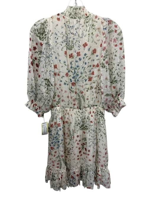 Joie Size S White, Green, Pink Metallic Thread Floral 3/4 Sleeve Mini Dress White, Green, Pink / S