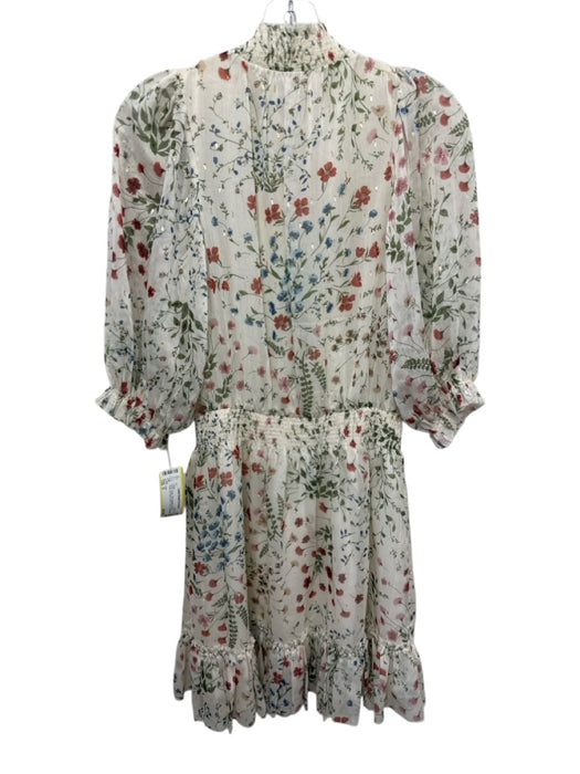 Joie Size S White, Green, Pink Metallic Thread Floral 3/4 Sleeve Mini Dress White, Green, Pink / S