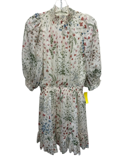 Joie Size S White, Green, Pink Metallic Thread Floral 3/4 Sleeve Mini Dress White, Green, Pink / S