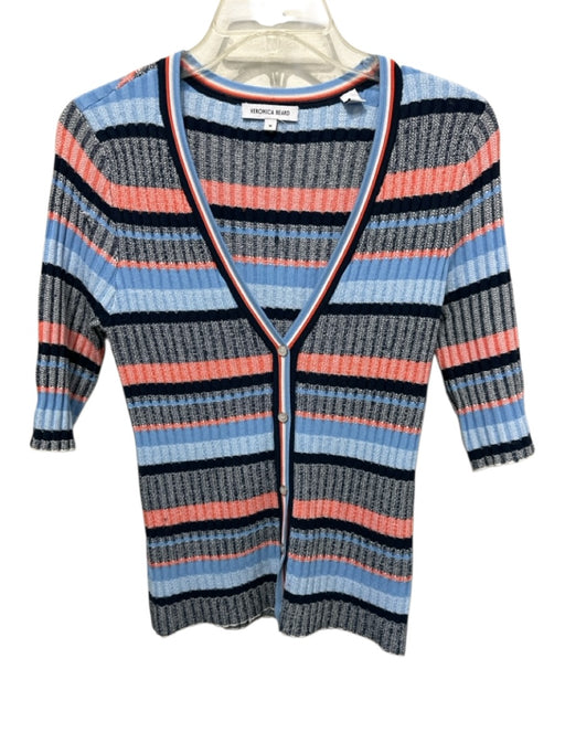 Veronica Beard Size M Blue, White, Orange Rayon Blend Knit Striped Cardigan Blue, White, Orange / M