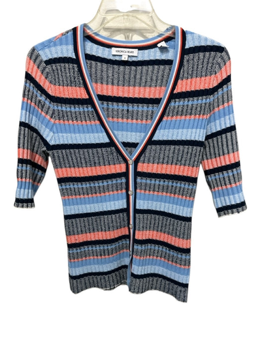 Veronica Beard Size M Blue, White, Orange Rayon Blend Knit Striped Cardigan Blue, White, Orange / M