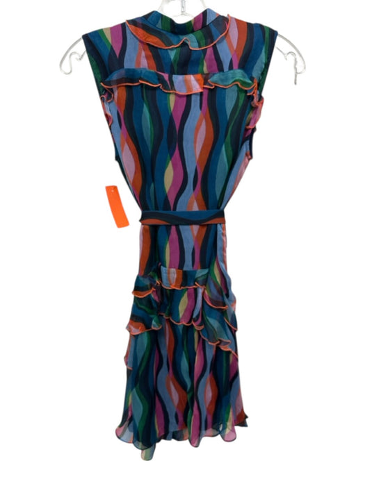 Saloni Size 4 Blue, Pink, Orange Silk Sleeveless Squiggles Ruffle Hem Dress Blue, Pink, Orange / 4