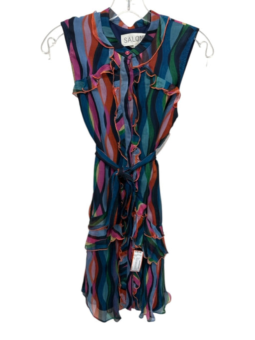 Saloni Size 4 Blue, Pink, Orange Silk Sleeveless Squiggles Ruffle Hem Dress Blue, Pink, Orange / 4