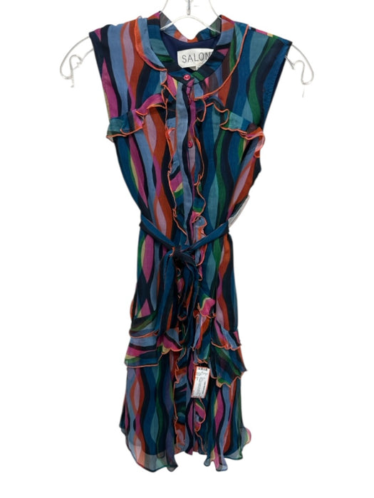 Saloni Size 4 Blue, Pink, Orange Silk Sleeveless Squiggles Ruffle Hem Dress Blue, Pink, Orange / 4