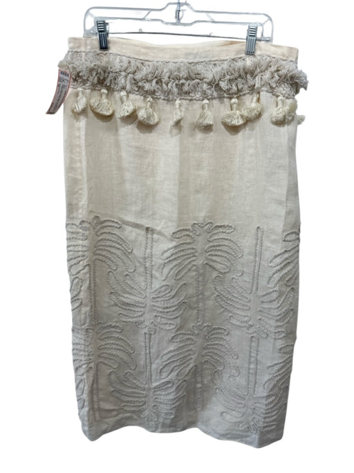 Johanna Ortiz Size 10 Beige Linen Cotton Blend Embroidered Tassel Detail Skirt Beige / 10
