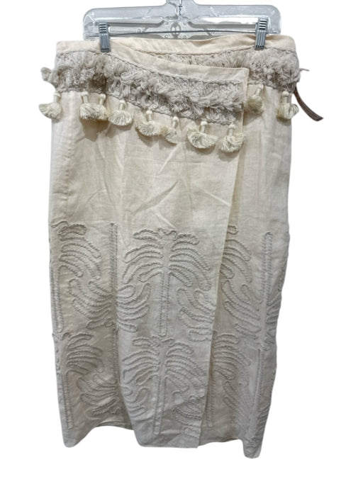 Johanna Ortiz Size 10 Beige Linen Cotton Blend Embroidered Tassel Detail Skirt Beige / 10
