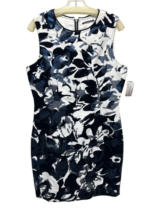 Elie Tahari Size 12 White, Black, Blue Cotton Abstract Floral Sleeveless Dress White, Black, Blue / 12